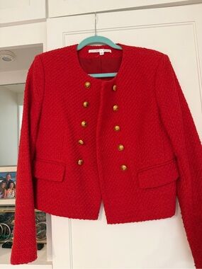 Veronica Beard Red Tweed Double-Breasted Military Jacket